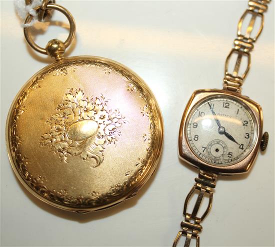 18ct engraved gold fob watch and a 9ct gold wristwatch on 9ct gold fancy bracelet